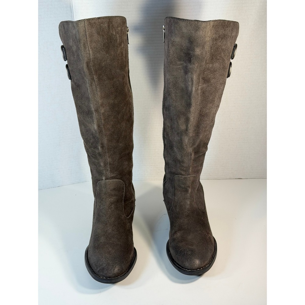 Born Grey Suede Knee High Boots Double Buckle Moto Block Heel F56822 Women 10M